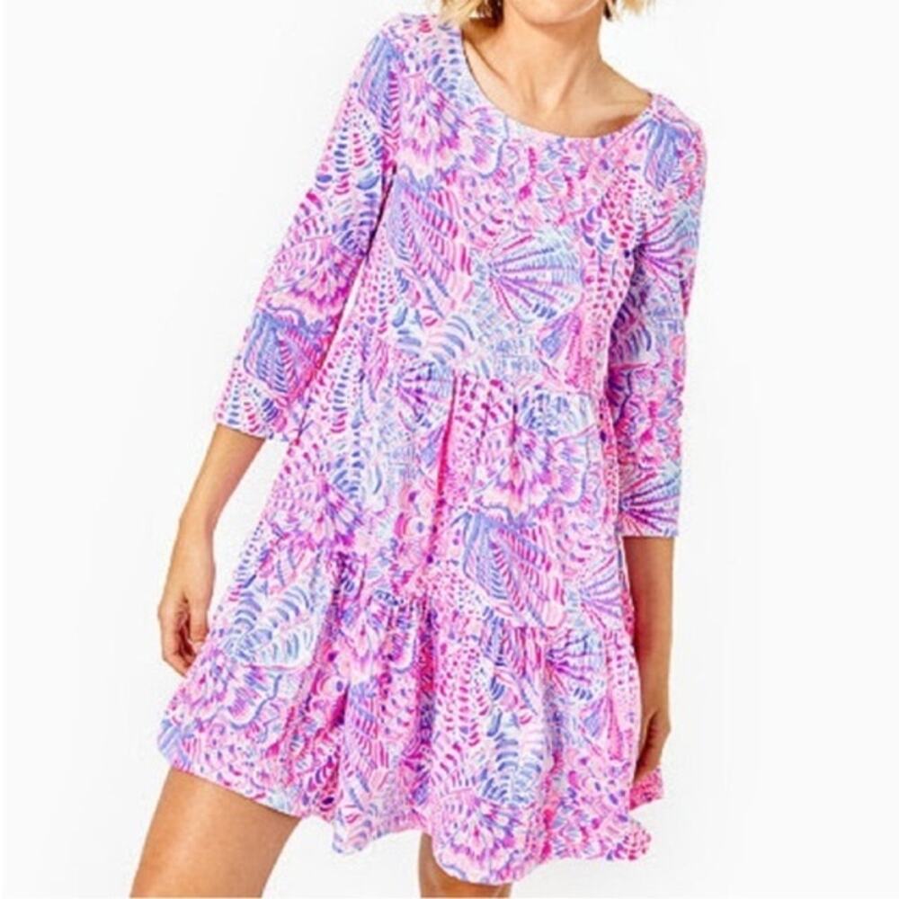 Lilly Pulitzer Pink + Purple Sea You Soon Tiered Geanna Swing Dress Large